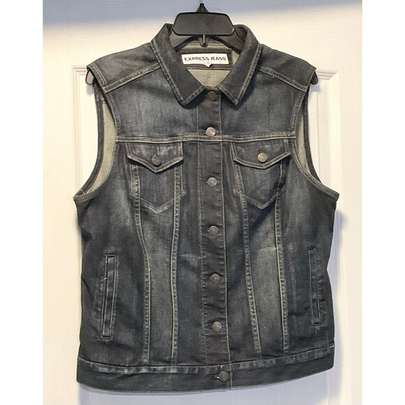 Express Women’s Denim Sleeveless Vest Button-Up with Pockets, Size L - Picture 2 of 6